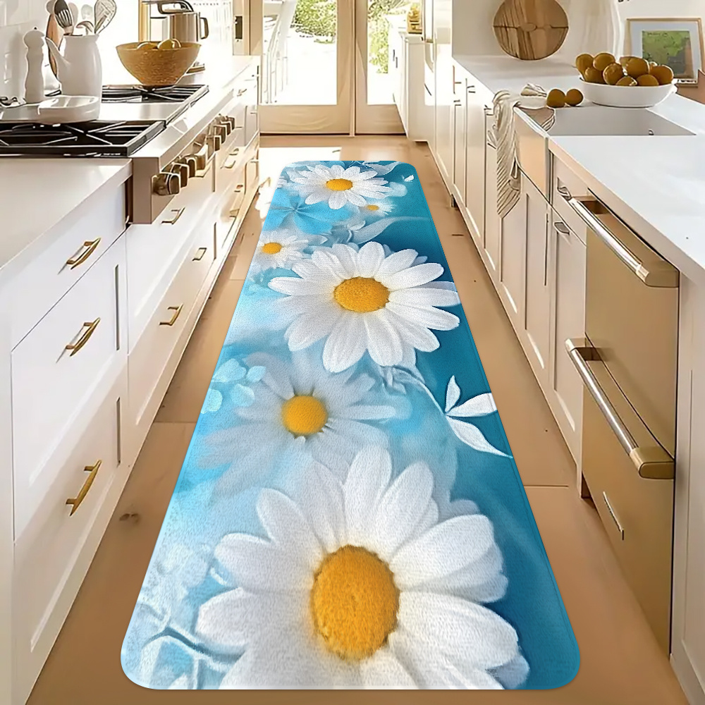 Commercial Kitchen Background - Blauer Hintergrund, weißer Gänseblümchen-Küchenläufer, Blumenmuster, rutschfest,