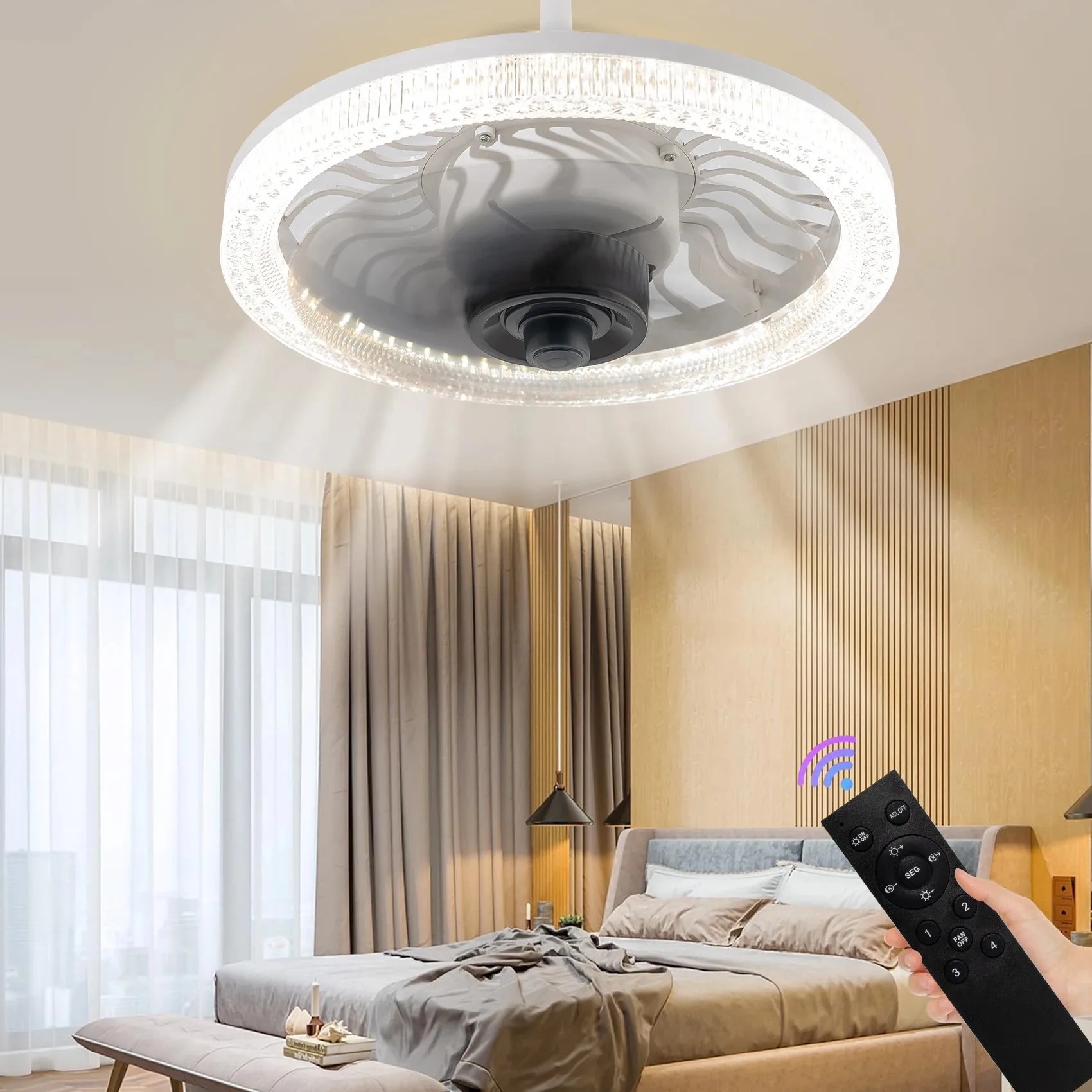 Commercial Kitchen Lighting - Intelligente LED-Deckenventilatorleuchte mit Fernbedienung, dimmbar, E27-Sockel,