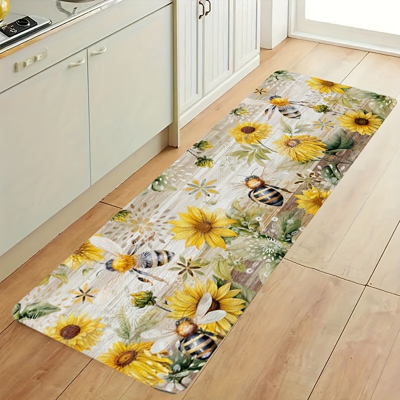 Commercial Kitchen Background - Aquarell-Sonnenblumen-Bienen-Langläufer mit rustikalem Holzhintergrund und Blumen-Insekten-Druck,
