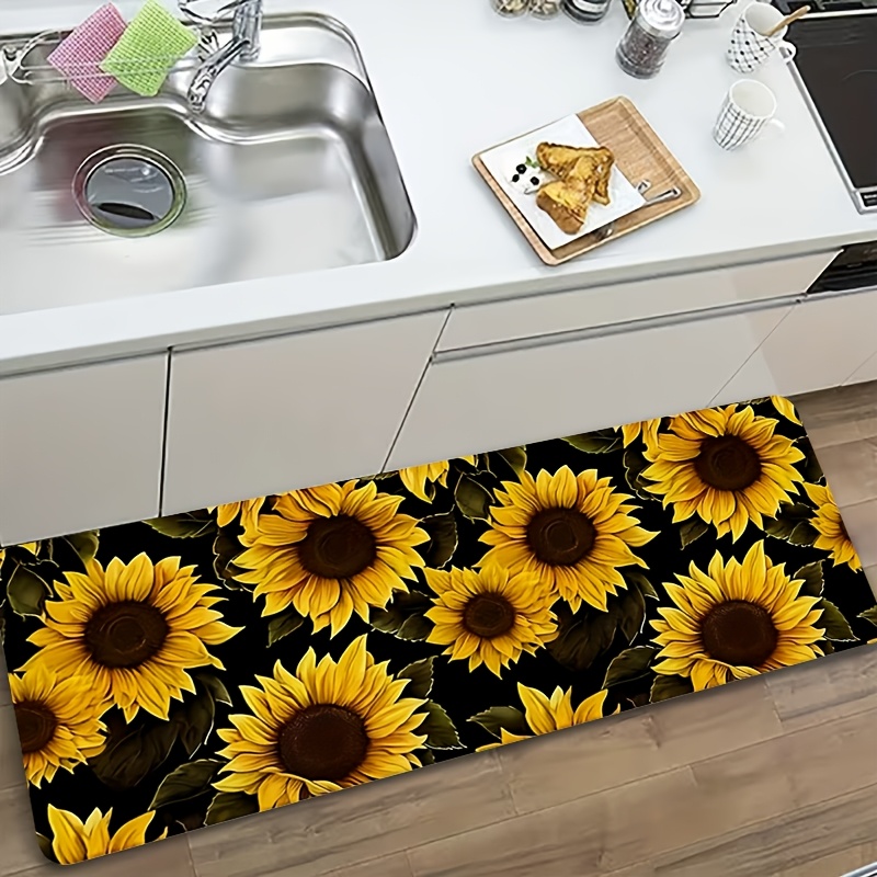 Commercial Kitchen Background - Auffälliger gelber Sonnenblumen-Kunstdruck auf schwarzem Hintergrund,