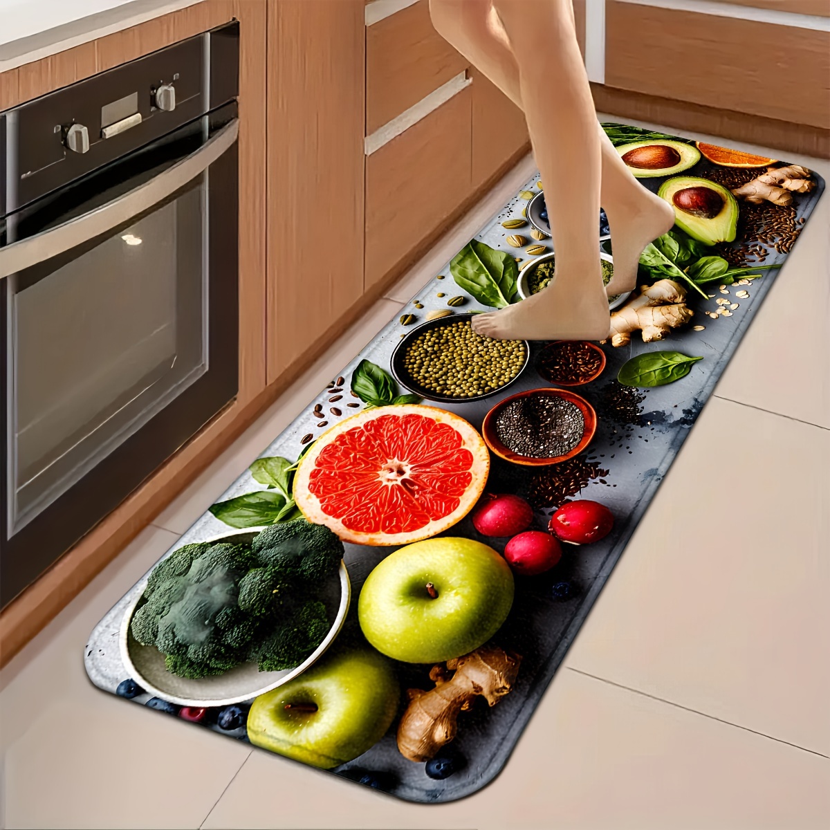 Commercial Kitchen Background - Realistischer Brokkoli-Apfel-Grapefruit-Avocado-Ingwer-Samen-Teppich mit langem Laufband, grauer