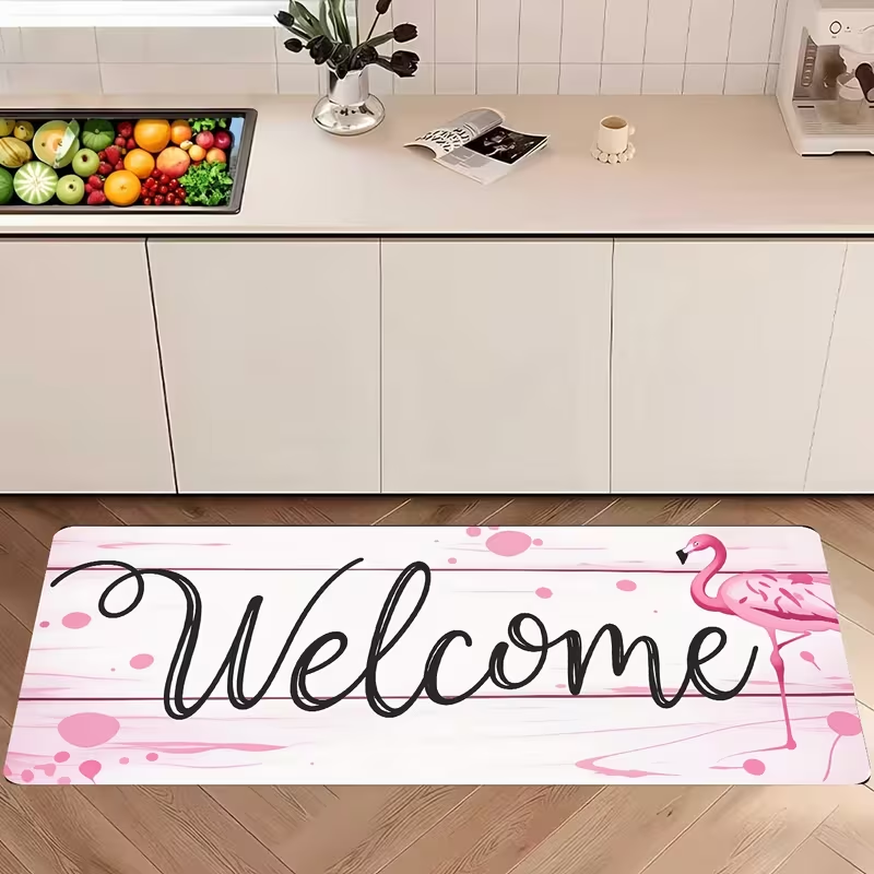 Commercial Kitchen Background - Pink Flamingo Welcome Langer Küchenteppich, rustikaler